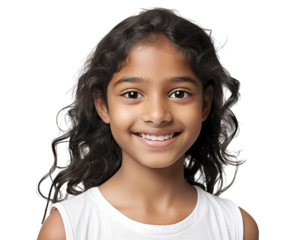 Cute Indian girl with dark curly hair and a bright smile, cut out