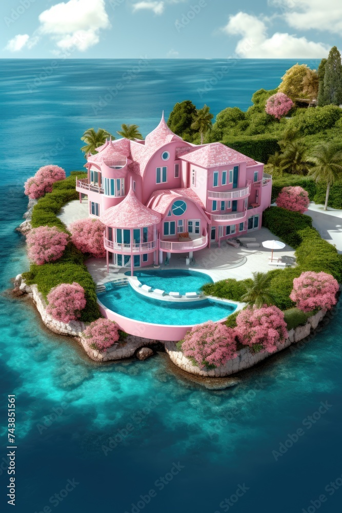 Poster a serene scene of a charming pink house standing on a small island in the middle of the vast, tranqu