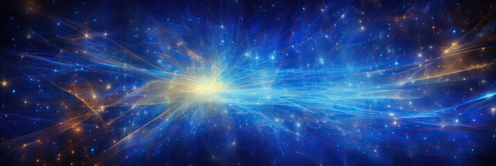 A dazzling explosion of vibrant blue and yellow lights and stars fills the cosmic canvas, swirling and twinkling in a mesmerizing dance of celestial beauty