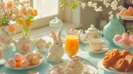 Easter Breakfast with bunny, easter theme food on spring decorated table