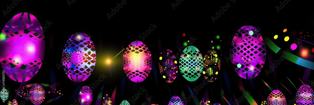 Poster bright glowing patterned eggs floating in dark space, abstract festive background with neon light, b