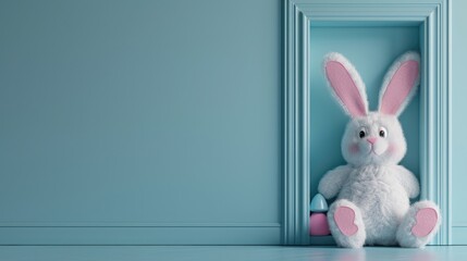 Obraz premium Easter bunny at door of blue wall, 3D digital art illustration