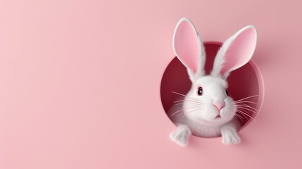 Rabbit peeps out of the hole, easter digital art illustration on pastel pink background