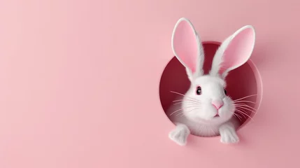 Foto op Plexiglas Rabbit peeps out of the hole, easter digital art illustration on pastel pink background © thesweetsheep