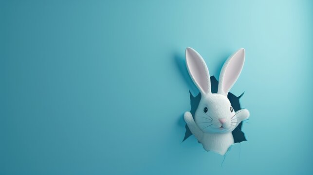 Bunny peeps out of blue wall, 3D easter digital art illustration 