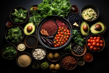 table full of different of ingredient or types of foods professional advertising food photography