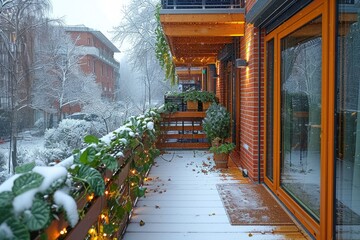 snow-covered balcony adorned with plants and twinkling lights, creating a magical ambiance