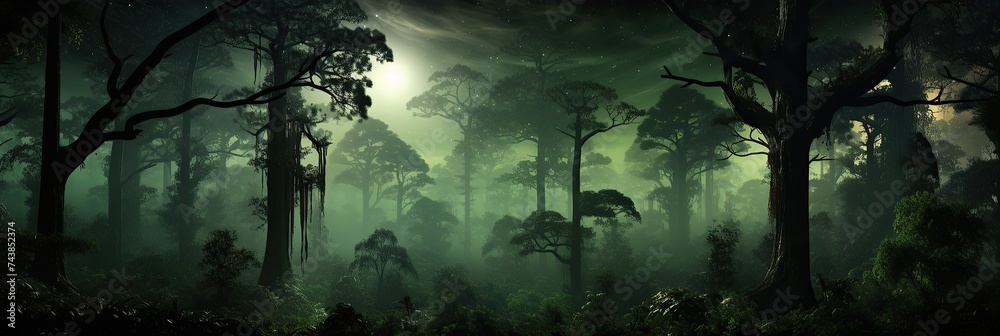 Poster A dense forest teeming with towering trees, their branches intertwining above to block out the sunlight. The ground is shrouded in darkness, creating an ominous and eerie atmosphere