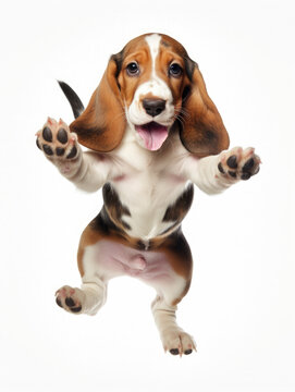 Adorable brown Basset Hound dog puppy jumping pose isolated on white background created with Generative AI Technology