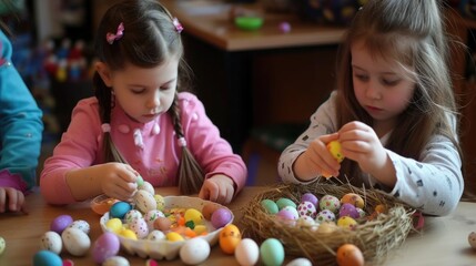 Fototapeta premium Easter Craft, Happy Kid making a handmade easter decoration