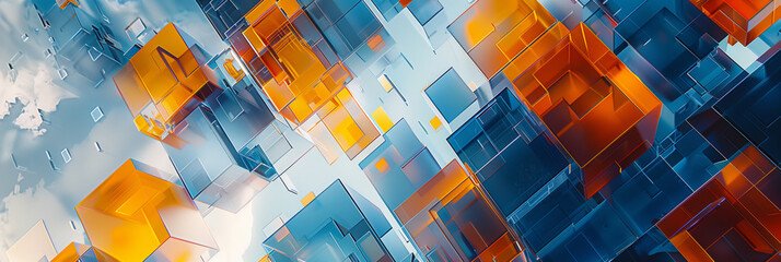 Ethereal Grid: An Abstract Symphony of Sky-Blue and Amber Squares Engulfed by Chromatic Waves