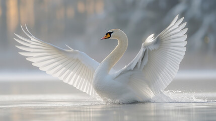 The white swan spread its wings.