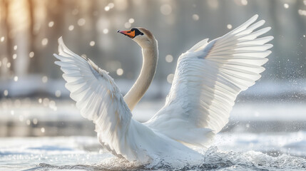 The white swan spread its wings.
