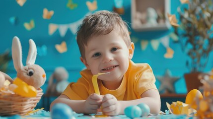 Happy boy craft a handmade easter decoration