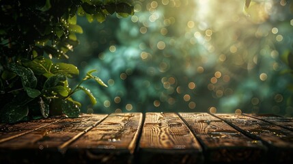 Each raindrop, a tiny masterpiece in its own right, adorned the weathered wood, reflecting the warm embrace of sunlight filtering through the lush canopy above. - obrazy, fototapety, plakaty