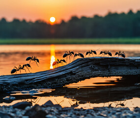 Team of ants constructing bridge over water on sunrise or sunset, work with log