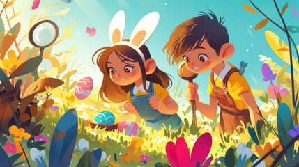 Obraz na płótnie Canvas Easter Egg Hunt cartoon illustration, Children searching colorful easter egg in spring field