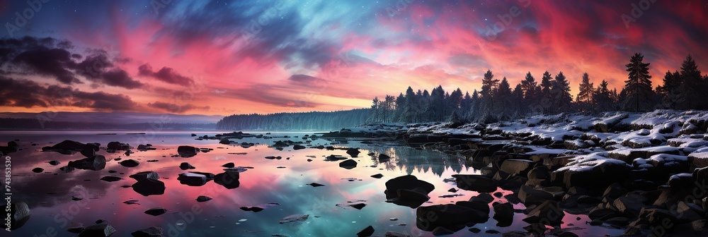 Poster the vivid hues of a colorful sky are mirrored in a serene body of water, creating a mesmerizing disp