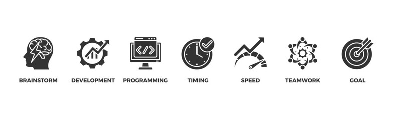 Hackathon banner web icon vector illustration concept for design sprint-like social coding event with icon of brainstorm, development, programming, timing, speed, teamwork, and goal