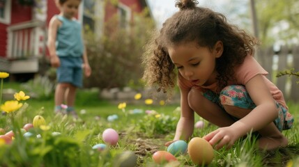 Girl portrait searching colorful easter egg in spring field