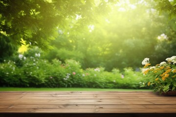 Empty Wooden Table Spring Time Blossoms With Green Nature Background