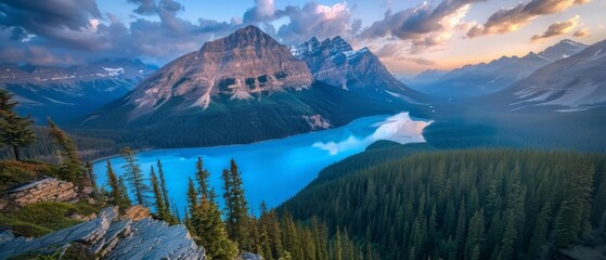 The azure blue waters of Peyto Lake, Canada, nestled like a sapphire gem amidst the rugged wilderness of Banff National Park