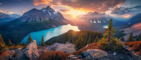 The azure blue waters of Peyto Lake, Canada, nestled like a sapphire gem amidst the rugged wilderness of Banff National Park - obrazy, fototapety, plakaty