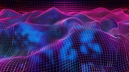 Fototapeta premium Synthetic grid background. Abstract pastel holographic blurred grainy banner background texture in vaporwave style 