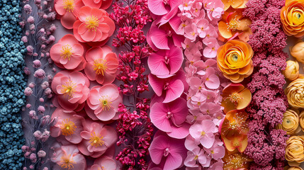 A Colorful Array Of Flowers Arranged In Stripes From Yellow, Orange, Blue, Pink, Red To Purple