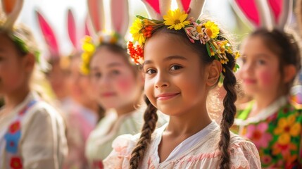 Fototapeta na wymiar Easter celebration, Girl enjoy easter holiday festival