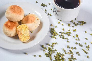Typical snack from Java, Indonesia. Bakpia filled with nuts, black coffee and dates