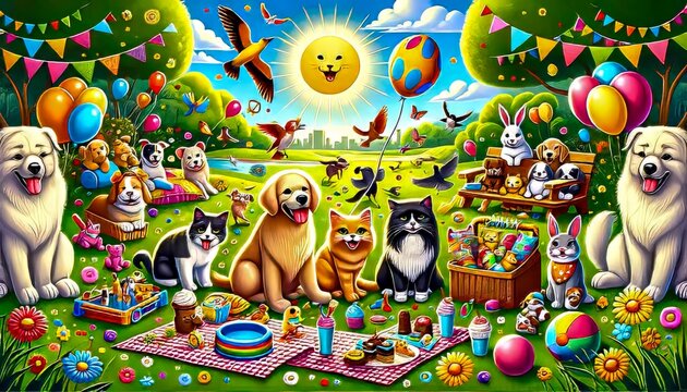 Colorful Illustration Of Happy Animals Having A Picnic With Balloons, Food, And A Smiling Sun