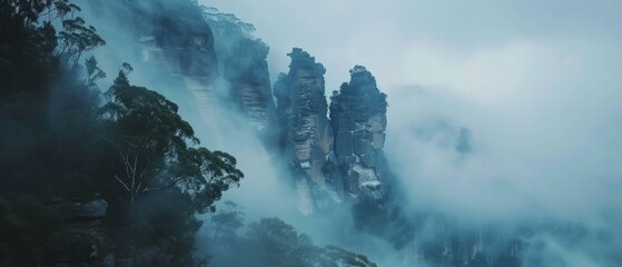 The mystical Blue Mountains of Australia, cloaked in mist and legend, revealing hidden waterfalls and ancient aboriginal rock art