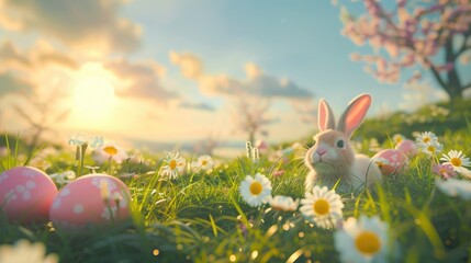 Easter rabbit landscape with colorful eggs and flower meadow - obrazy, fototapety, plakaty