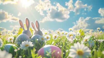 Easter bunny landscape with colorful eggs and flower meadow - obrazy, fototapety, plakaty