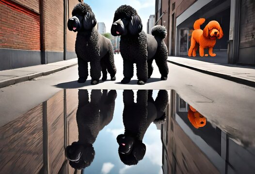 Street art artistic image of 2 newfoundlands 2 male standard poodles. AI generated