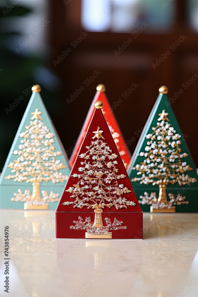 Poster A variety of small Christmas trees with charming decorations are displayed on a table, adding a touch of holiday cheer to the room