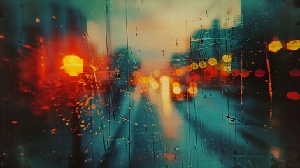 Blurred city lights with bokeh effect at rainy night, Grunge texture frame. Dusted Holographic Abstract Multicolored Vintage Retro Looking background with Light Leaks Prism 