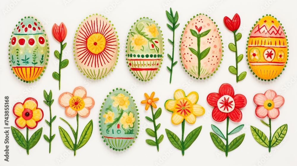 Poster A collection of colorful painted eggs sits closely together, showcasing a variety of intricate designs and patterns
