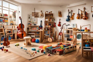 A playroom with a variety of musical instruments for kids to play and learn - obrazy, fototapety, plakaty