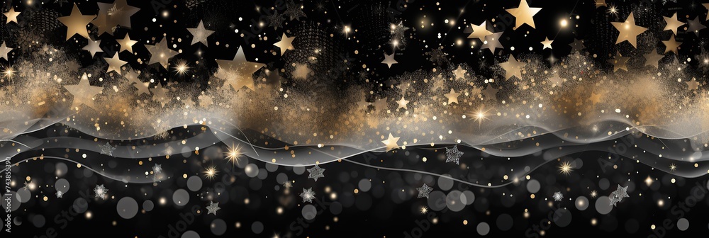 Poster a captivating scene unfolds against a black backdrop adorned with shimmering gold stars and gentle w