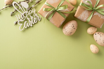 Obraz na płótnie Canvas Homely Easter composition suggestion. Top-view photo of rustic wrapping gifts, Happy Easter text, quail eggs, natural willow sprigs, on a sage green canvas with blank space for messages or ads