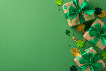 Festive St. Patrick's arrangement top view, showing four-leaf clovers, gnome's prosperity coins, gifts, a charm horseshoe, and confetti, placed on a green field, with area for text or ads - obrazy, fototapety, plakaty