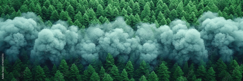 Poster forest scene teeming with an abundance of vibrant green trees, creating a verdant and serene environment filled with life and tranquility