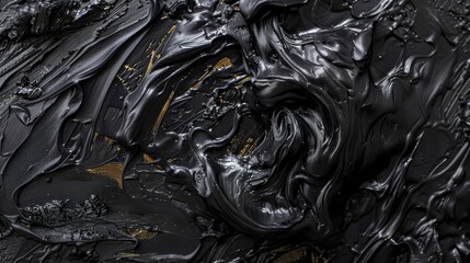 In-depth closeup of a black abstract painting, focusing on the dynamic textures and forms created by the oil paint and palette knife, encapsulating a sense of mystery and complexity.