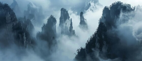 The otherworldly landscapes of Wulingyuan Scenic Area, China, where towering sandstone pillars pierce the mist-filled valleys below - obrazy, fototapety, plakaty