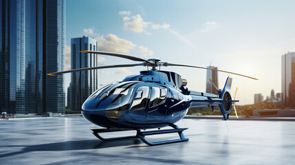 Beautiful Blue Helicopter Stands on the Helipad.