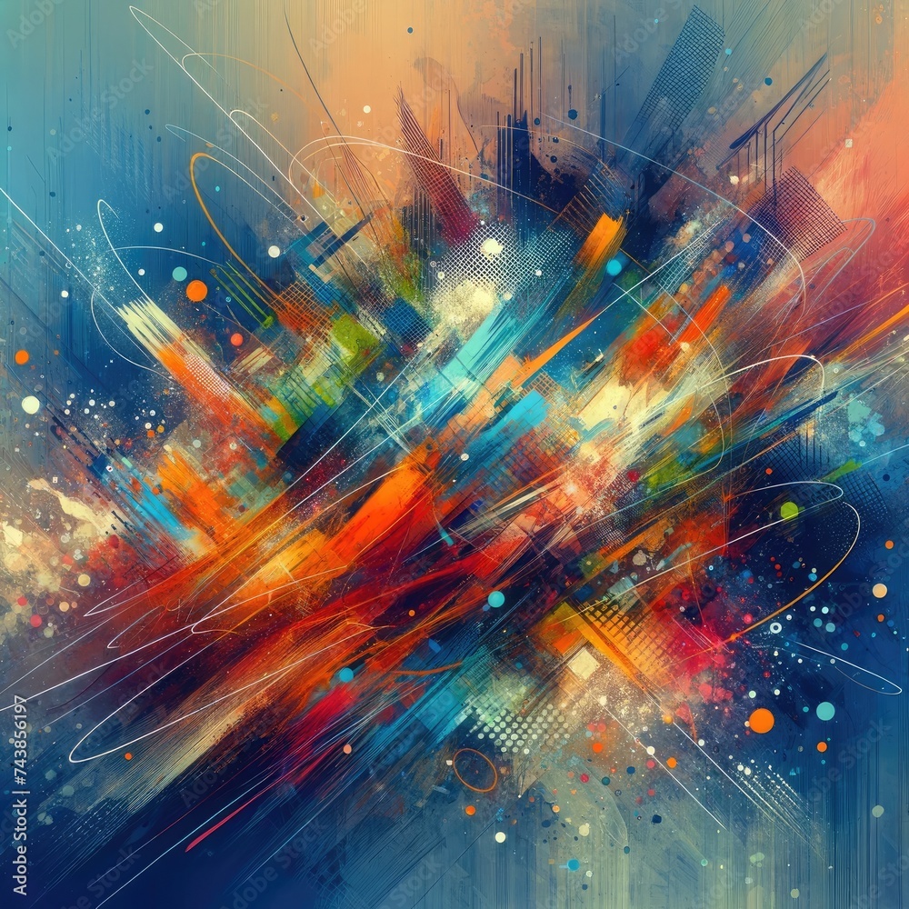 Aufkleber A vibrant and dynamic abstract painting with a kaleidoscope of colors and intricate shapes merging together in a harmonious display