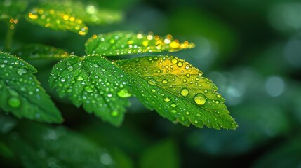 Fototapeta na wymiar A close-up of a green leaf glistening with fresh dewdrops