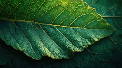 Obraz premium Close-up macro of a green leaf, showcasing its intricate veins and textured surface